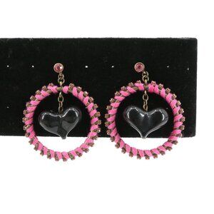 Betsey Johnson Black Puff Heart Pink Wrapped Rhinestone Hoop Earrings